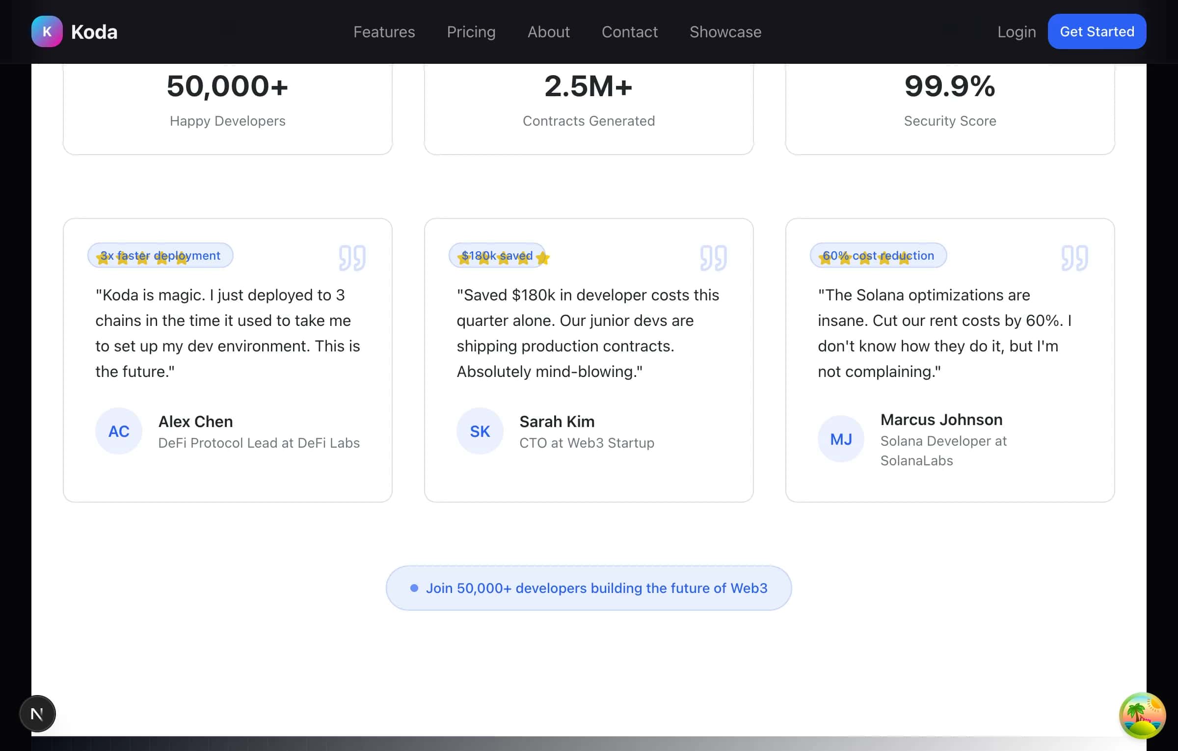Kodabuild Showcase 09 Landing Testimonials Cards