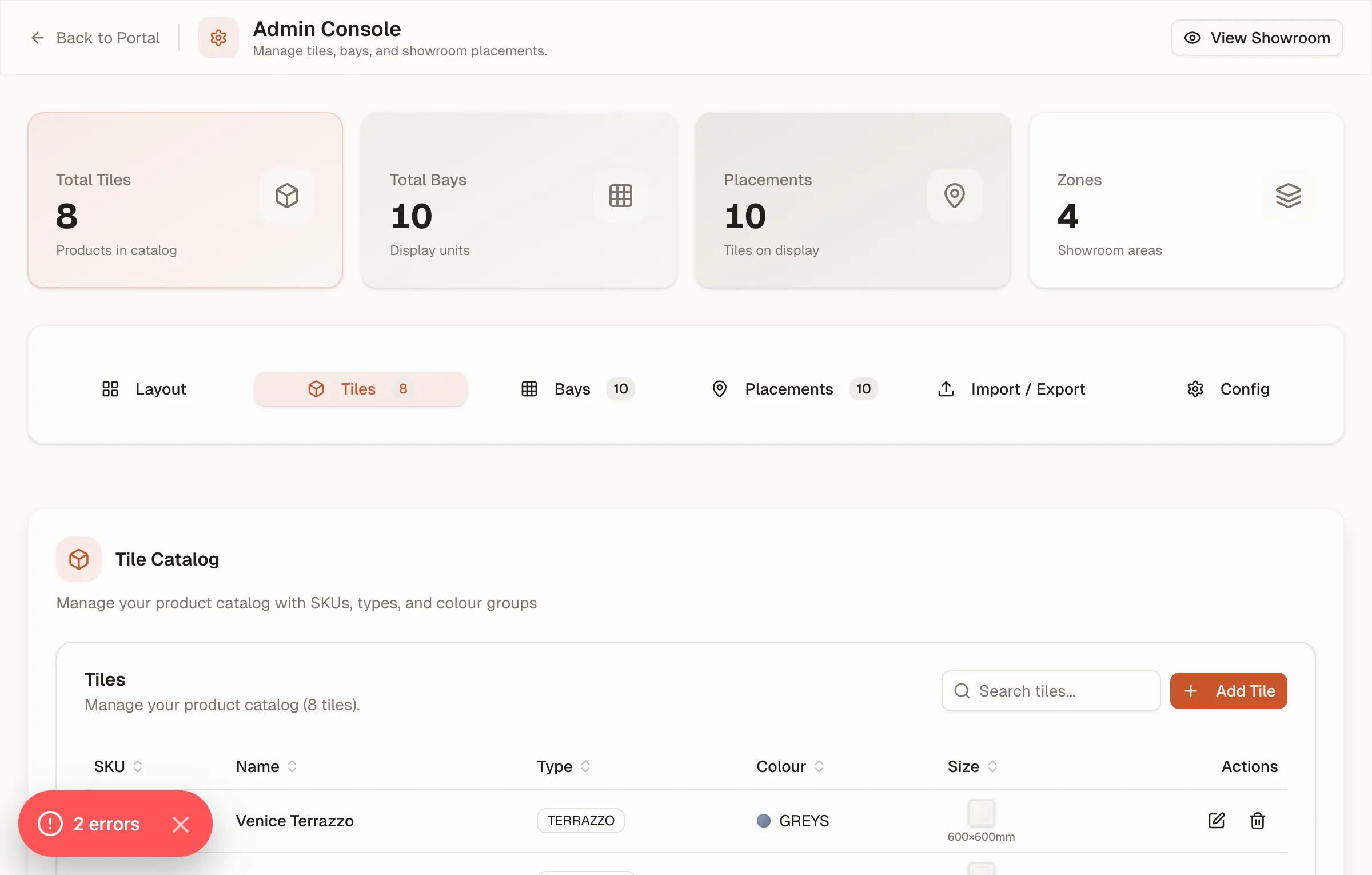 Tilemart Showroom Admin Import Export Tab
